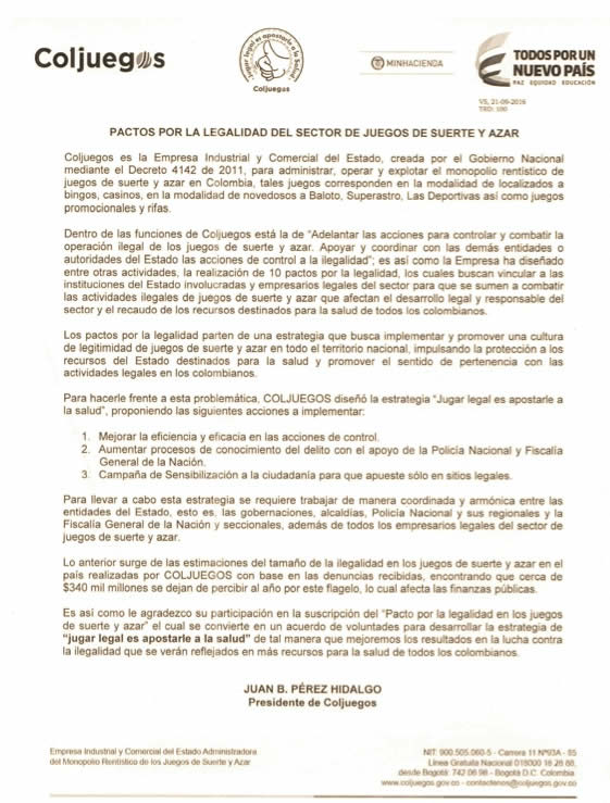 1 of 10 Pacts for the legality of the gambling industry was signed in Cali (Colombia)