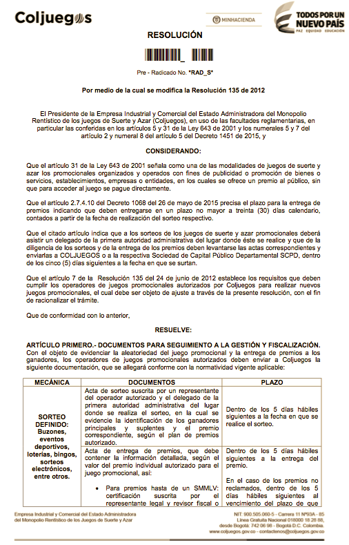 Coljuegos, vence hoy plazo para comentarios a  modificación de la Resolución 135 de 2012 • Juegos Promocionales