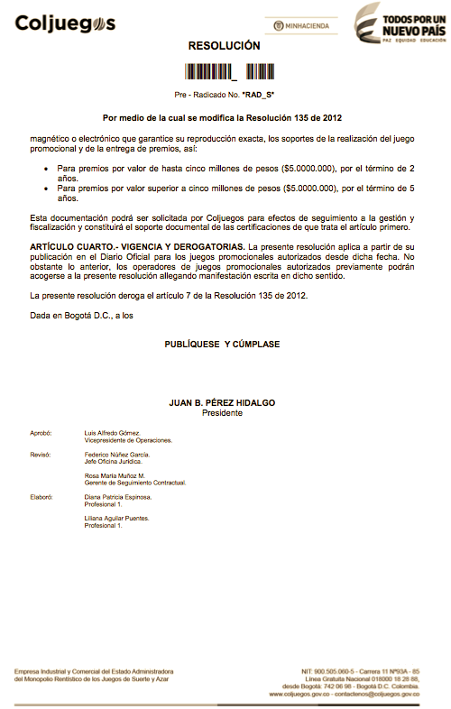 Coljuegos, vence hoy plazo para comentarios a  modificación de la Resolución 135 de 2012 • Juegos Promocionales