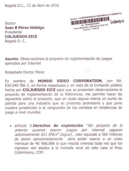 Mundo Video Corp radica documento con observaciones a Coljuegos 