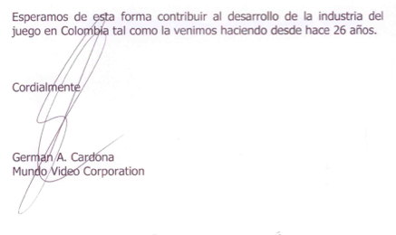 Mundo Video Corp radica documento con observaciones a Coljuegos 