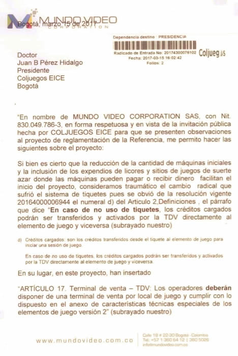 Mundo Video Corp is commenting on a modification to the in-route machine project